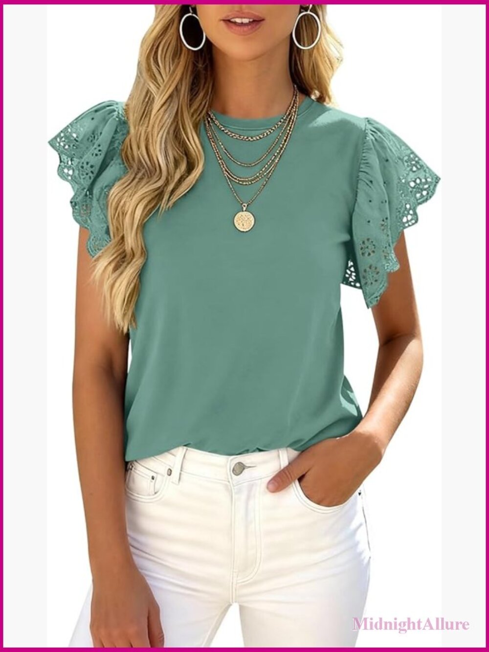 Crewneck Ruffle Sleeve Lace Hollow Out T Shirt Blouse